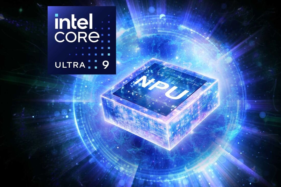 Procesor Intel Core, umieszczony na białym tle, z wyraźnym logo i oznaczeniami modelu. Intel Core Ultra, rdzenie P-core i E-core