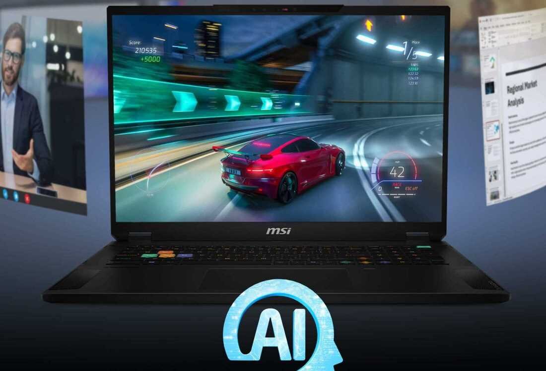 Laptop z widocznym napisem AI, reprezentujący rozwiązania technologiczne. Copilot MSI AI Engine