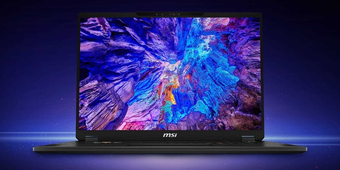 Laptop MSI do gier na tle w intensywnych kolorach, ukazujący jego stylowy wygląd i funkcjonalność. Mini LED 4K 120 Hz DisplayHDR 1000