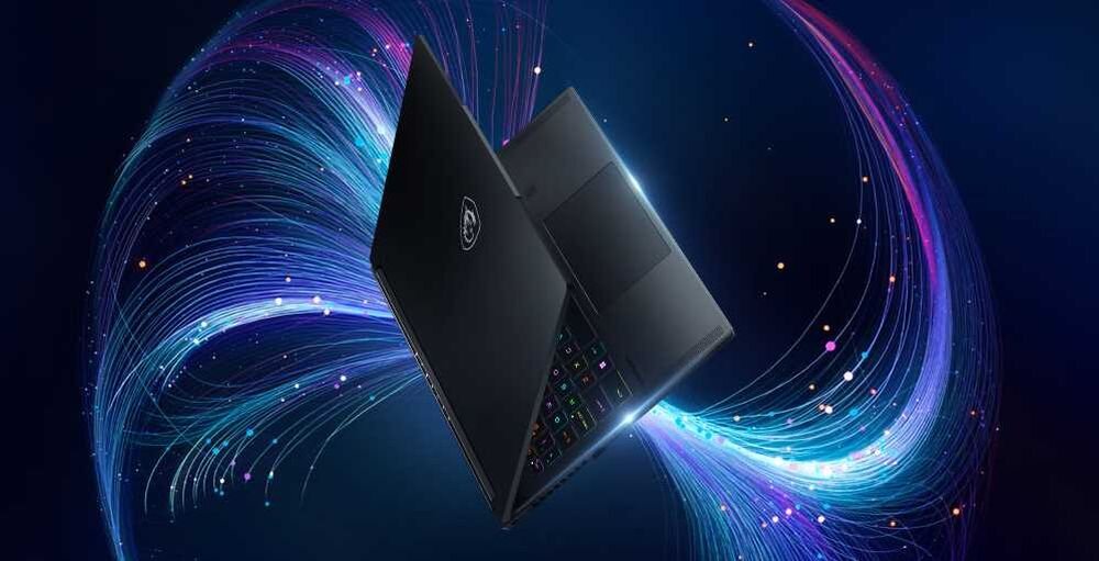 Laptop MSI Stealth A16 AI+ w kolorze czarnym, widok z tyłu na tle dynamicznych, kolorowych linii świetlnych symbolizujących wydajność i zaawansowaną technologię.