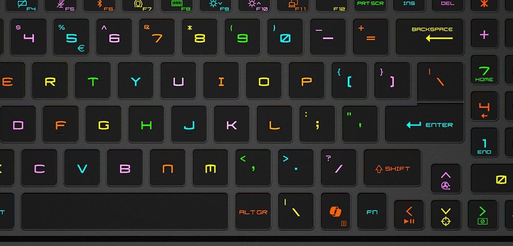 Podświetlana klawiatura laptopa MSI Stealth A16 AI+ z kolorowymi oznaczeniami klawiszy, różne barwy liter i symboli, układ QWERTY. - Gamingowa klawiatura z podświetleniem RGB firmy SteelSeries