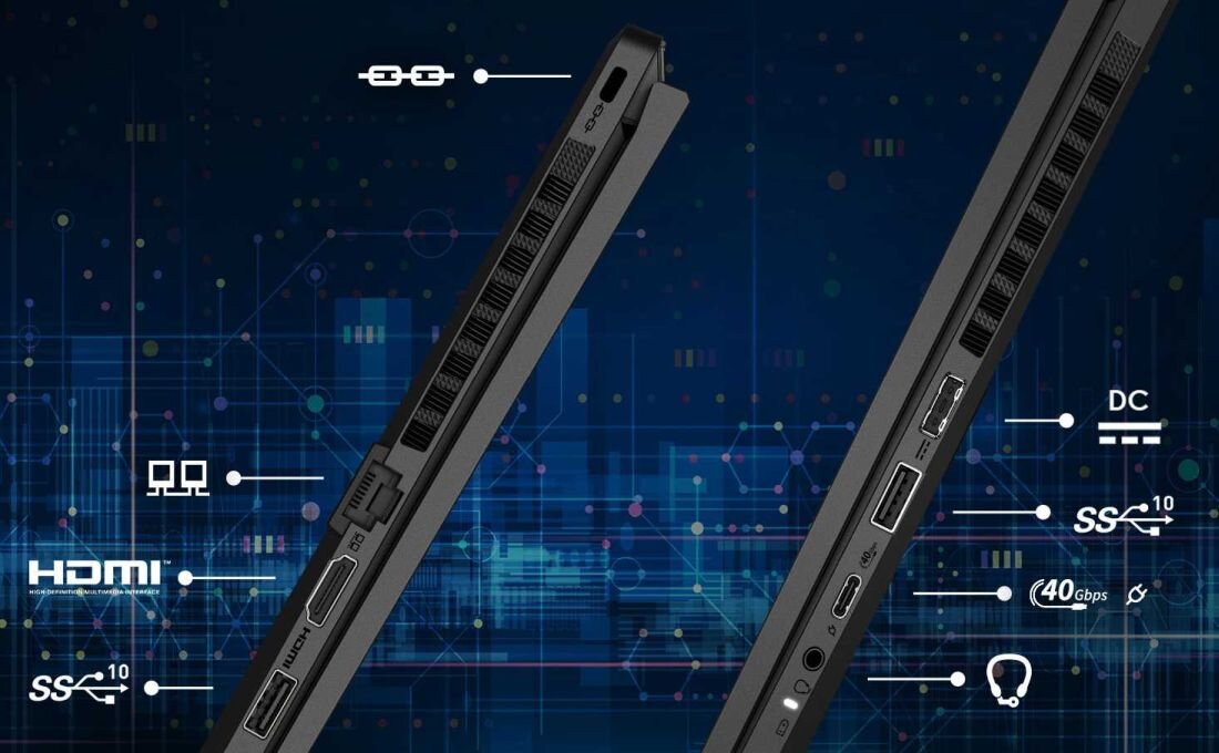 Boczne widoki laptopa MSI Stealth A16 AI+ z opisanymi portami: HDMI, USB, LAN, USB-C, gniazdo audio, wentylacja i port zasilania. - USB Type-A, USB Type-C, HDMI i Thunderbolt 4