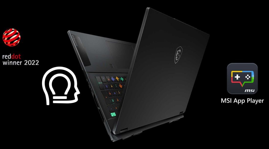 Laptop MSI Stealth A16 AI+ w kolorze czarnym, widok z tyłu na podświetlaną klawiaturę i logo MSI, obok ikony głowy i aplikacji MSI App Player, oznaczenie Red Dot Winner 2022. - MSI Center, MSI APP Player