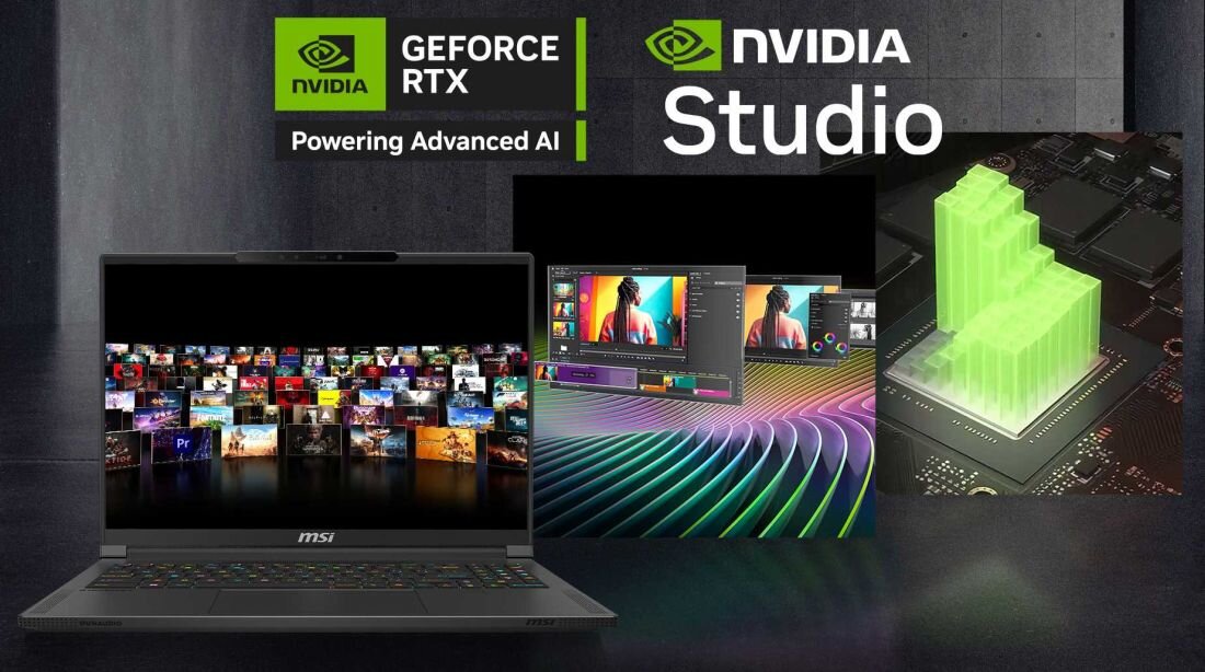 Laptop MSI Stealth A16 AI+ z ekranem prezentującym aplikacje kreatywne i gry, logo NVIDIA GeForce RTX Studio, grafika przedstawiająca wydajność w zastosowaniach AI i edycji. - NVIDIA Blackwell RTX 50 NVIDIA DLSS 4