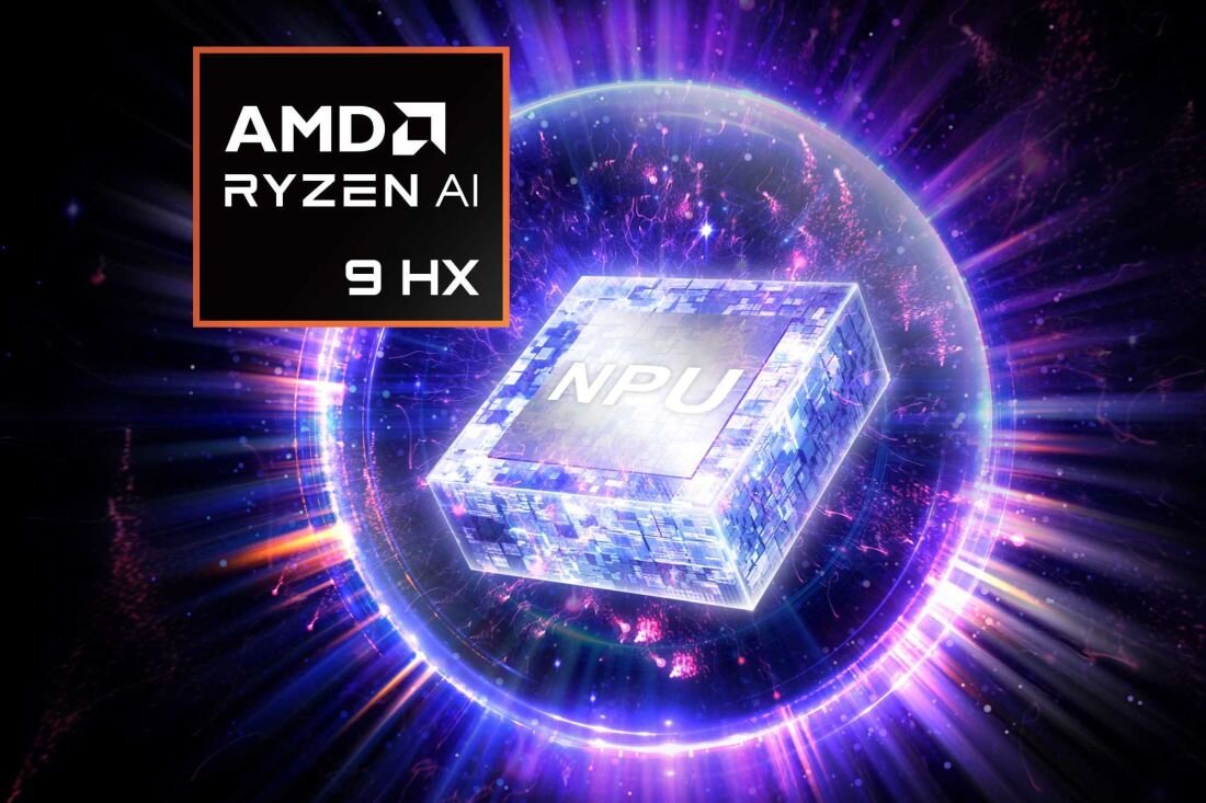 Grafika procesora AMD Ryzen AI 9 HX z napisem NPU, otoczona efektami świetlnymi w odcieniach fioletu i niebieskiego, symbol zaawansowanej sztucznej inteligencji w laptopie MSI Stealth A16 AI+. - AMD Ryzen AI Zen 5