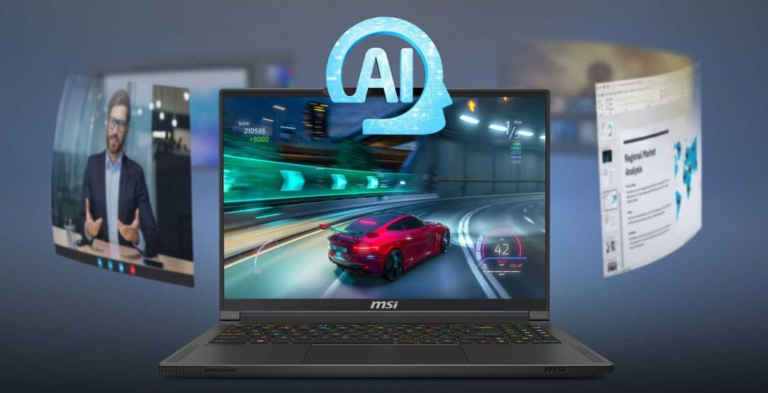 Laptop MSI Stealth A16 AI+ z ekranem prezentującym wyścig samochodowy, nad laptopem symbol AI, w tle rozmyte aplikacje biurowe i wideokonferencja – prezentacja funkcji Copilot+ PC i wsparcia AI.- Copilot MSI AI Engine