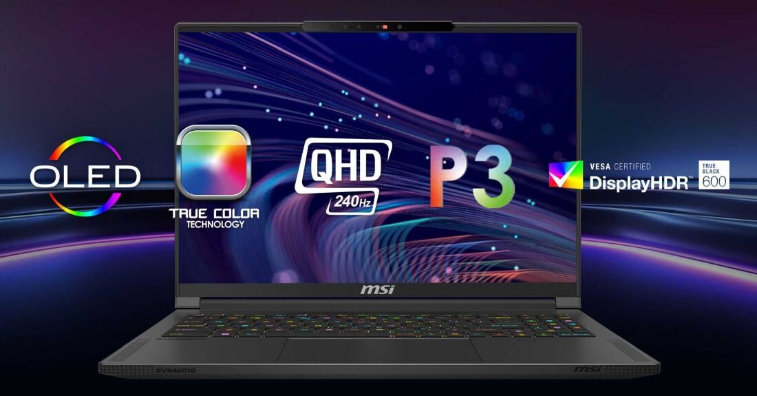 Laptop MSI Stealth A16 AI+ z wyświetlaczem OLED QHD 240 Hz, szerokie pokrycie kolorów DCI-P3, certyfikaty True Color, DisplayHDR 600 i True Black, kolorowa grafika na ekranie. - 16-calowy ekran OLED