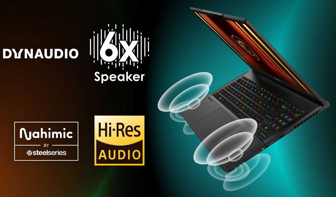 Laptop MSI Stealth A16 AI+ z podświetlaną klawiaturą i sześcioma głośnikami Dynaudio, wizualizacja przestrzennego dźwięku, logotypy: Dynaudio, 6x Speaker, Nahimic by Steelseries, Hi-Res Audio. - dźwięk przestrzenny Dynaudio