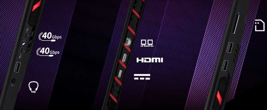 MSI Raider A18 HX AI z widocznymi portami i różnymi funkcjami technicznymi. kompleksowy zestaw portów We/Wy