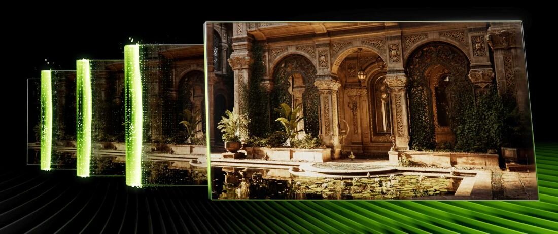Zielone tło z wizualizacją budynku, ukazujące jego szczegóły architektoniczne. NVIDIA DLSS 4 Multi Frame Generation NVIDIA AI