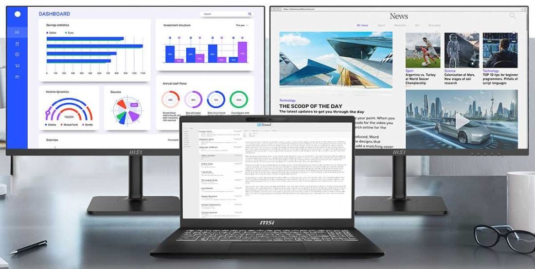 Laptop MSI Modern 15 na biurku, podłączony do dwóch dużych monitorów – na ekranach wykresy, dashboardy i wiadomości, ilustracja pracy wielomonitorowej i wszechstronności w zastosowaniach biurowych. - Praca na 3 ekranach   