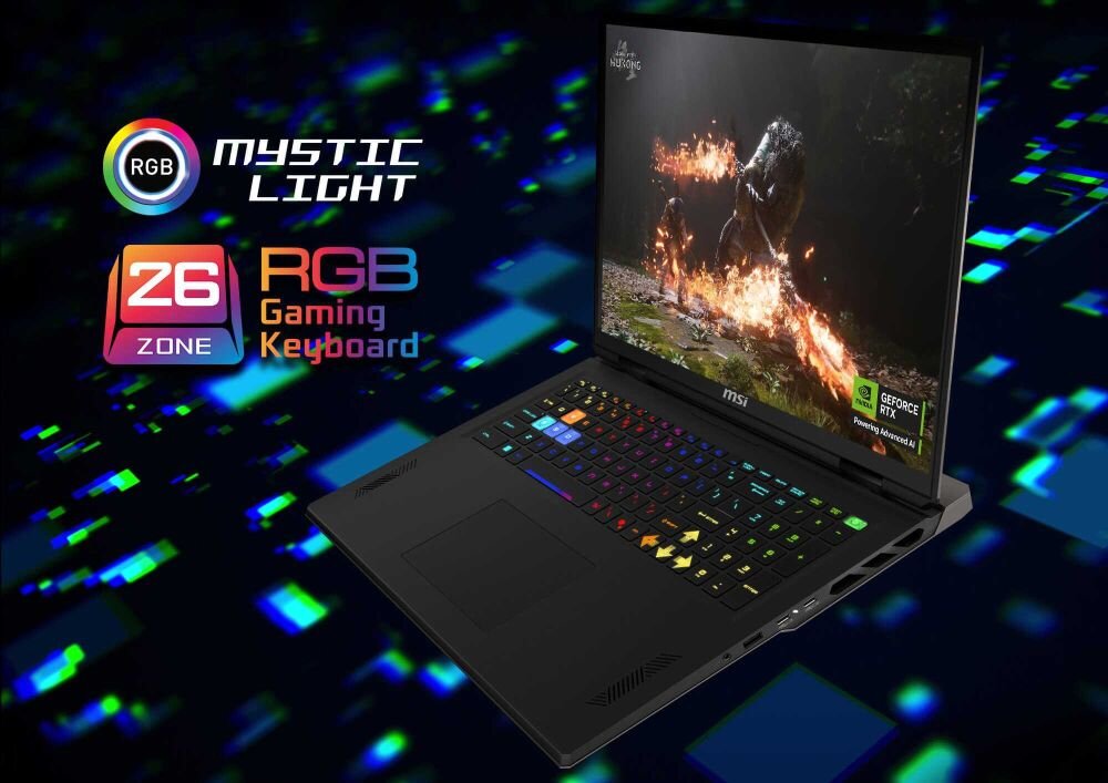 Otwarty laptop MSI Vector na tle cyfrowej, niebieskiej siatki, na ekranie scena z gry z ognistą postacią, klawiatura podświetlona na tęczowo, obok logo „Mystic Light” i „26 ZONE RGB Gaming Keyboard”, co podkreśla gamingowy charakter urządzenia. - Klawiatura, 26-strefowe podświetlenie RGB
