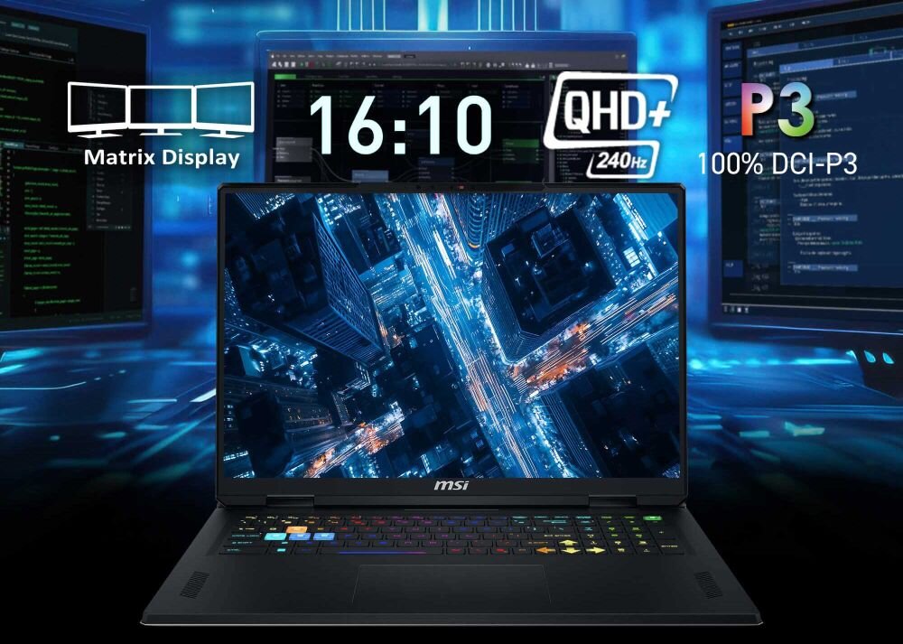 Laptop MSI Vector z ekranem prezentującym panoramę futurystycznego miasta; na wyświetlaczu widoczne ikony i napisy: „Matrix Display”, „16:10”, „QHD+ 240Hz” i „100% DCI-P3”, co ilustruje zaawansowane parametry techniczne ekranu do pracy wielozadaniowej. - 18-calowy ekran 2560 x 1600 px