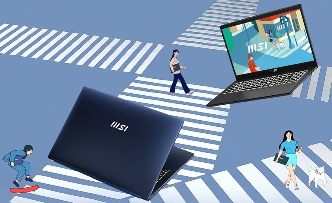 Ilustracja miejskiej scenerii z dwoma laptopami MSI Modern 15 – jeden zamknięty, drugi otwarty z widocznym ekranem, wokół postacie w ruchu, pies na spacerze oraz osoba na deskorolce, tło z pasami przejścia dla pieszych podkreśla mobilność urządzenia. - Intel Core Ultra Lekka obudowa 