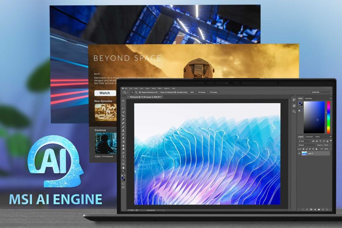 Laptop MSI Prestige 13 AI Evo prezentujący funkcje MSI AI Engine – na ekranie centralnym wideokonferencja, po lewej panel multimedialny z filmami i serialami, po prawej kreatywna aplikacja graficzna; nad laptopem niebieskie logo AI, tło w odcieniach niebieskiego i fioletu. - Optymalizacja z MSI AI Engine  