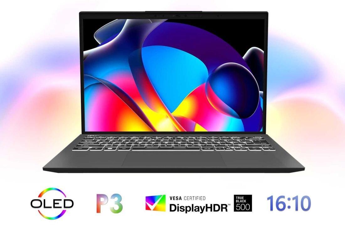 Laptop MSI Prestige 13 AI Evo z 13,3-calowym ekranem OLED o rozdzielczości 2880 × 1800 px i proporcjach 16:10, wyświetlający kolorową, abstrakcyjną grafikę; pod ekranem oznaczenia: OLED, P3, VESA DisplayHDR 500 True Black, 16:10. - OLED, 2880 x 1800 px z pokryciem 100% DCI-P3  