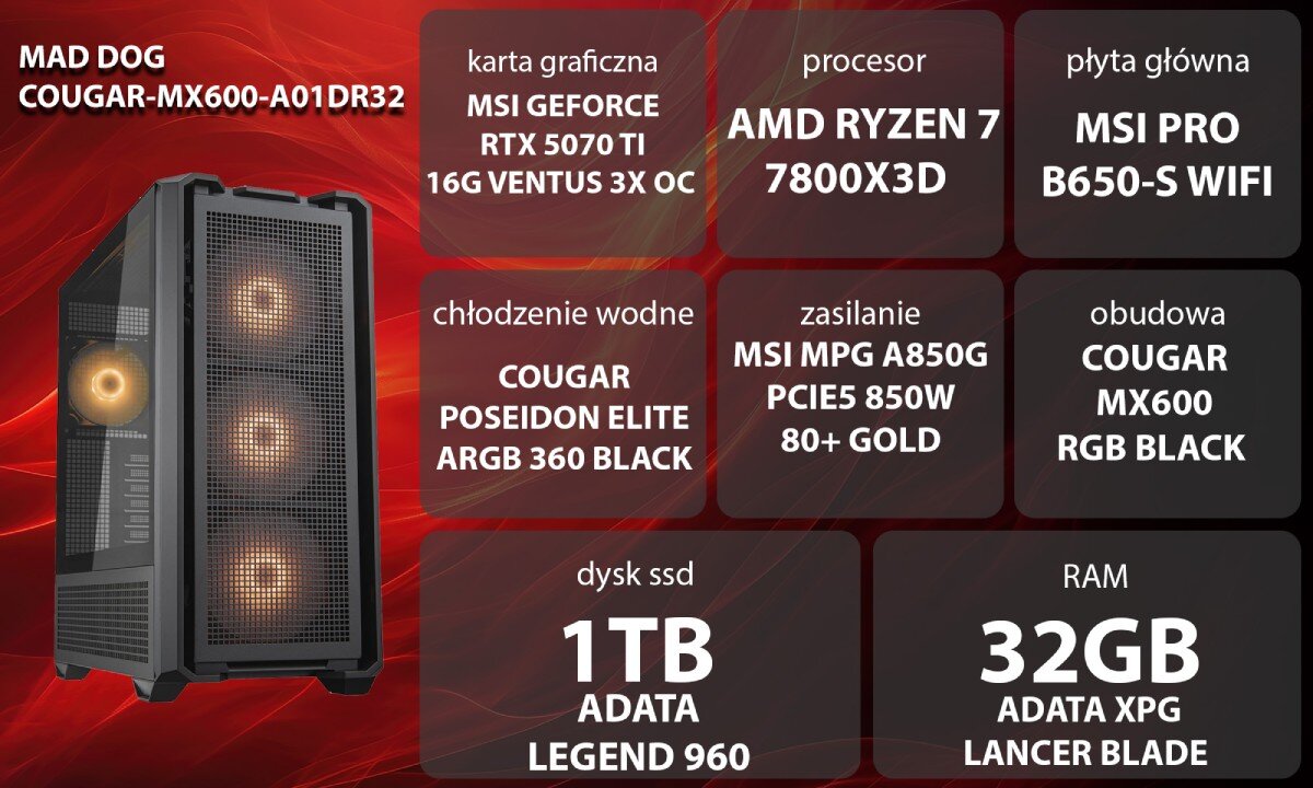 Komputer MAD DOG COUGAR-MX600-A01DR32 Grafika przedstawiająca specyfikację komputera. Po lewej stronie widoczny komputer z podświetleniem RGB, opis