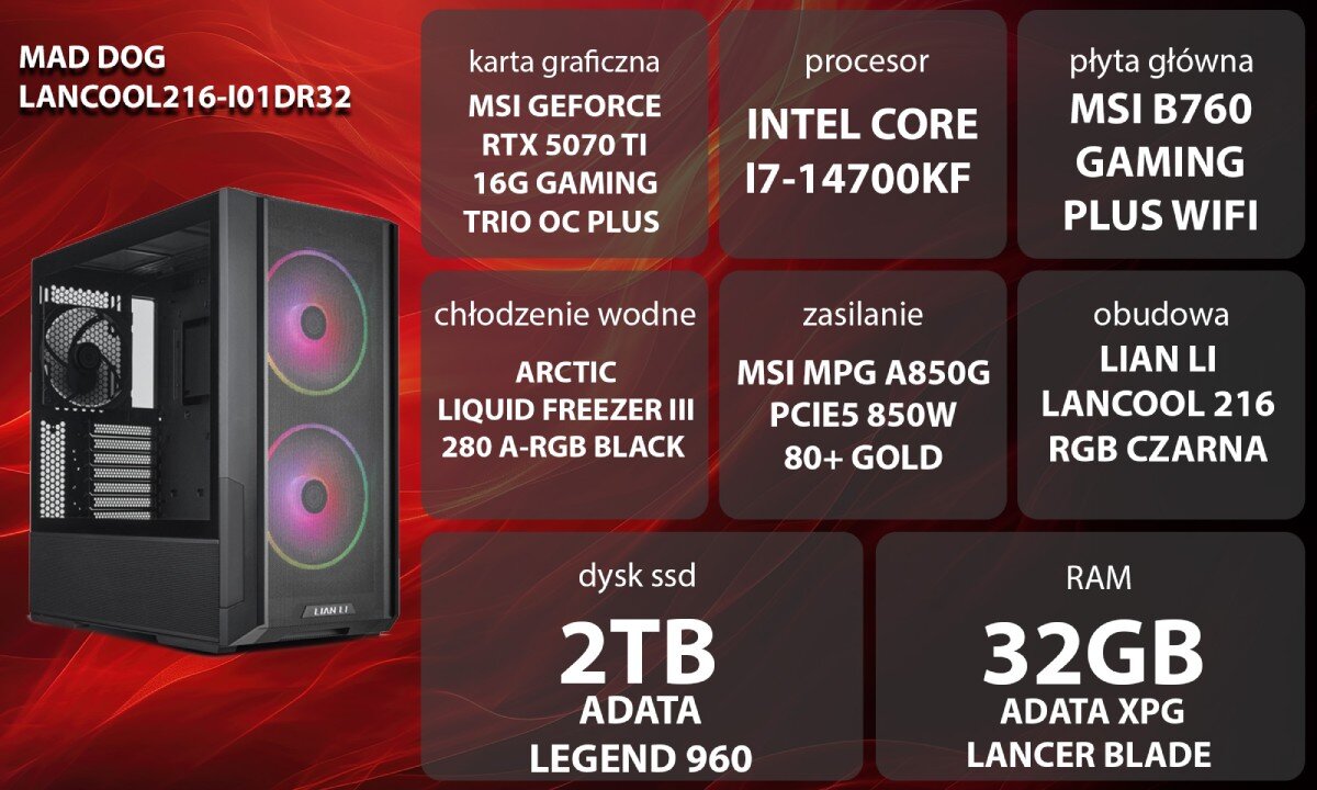 Komputer MAD DOG LANCOOL216-I01DR32 Grafika przedstawiająca specyfikację komputera. Po lewej stronie widoczny komputer z podświetleniem RGB, opis