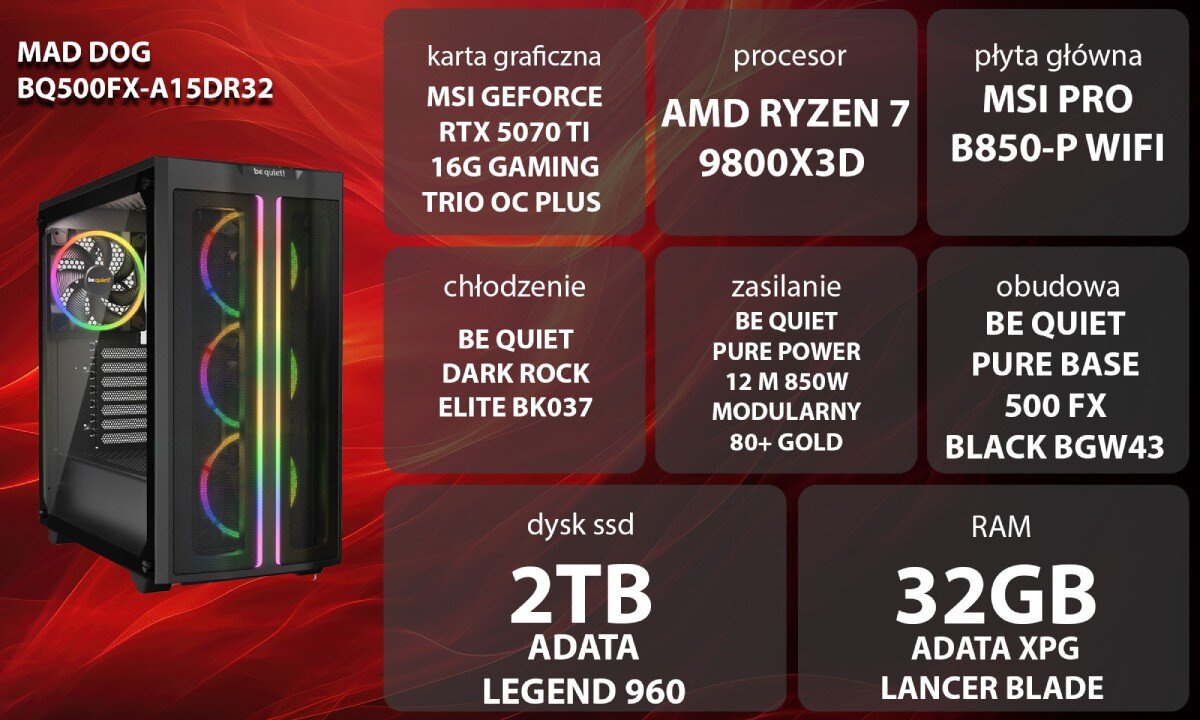 Komputer MAD DOG BQ500FX-A15DR32 Grafika przedstawiająca specyfikację komputera. Po lewej stronie widoczny komputer z podświetleniem RGB, opis
