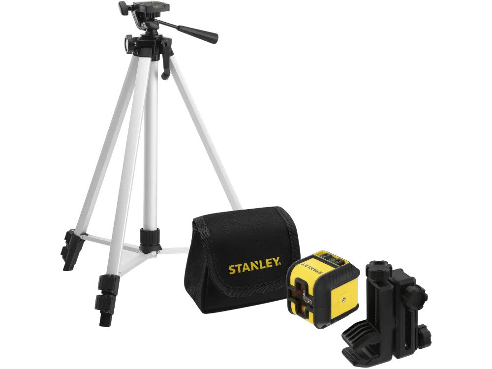 Laser krzyżowy STANLEY STHT77649-1, sufit, statyw, blokada, IP50, Zestaw Stanley: poziomica laserowa, statyw, uchwyt montażowy i materiałowe etui.