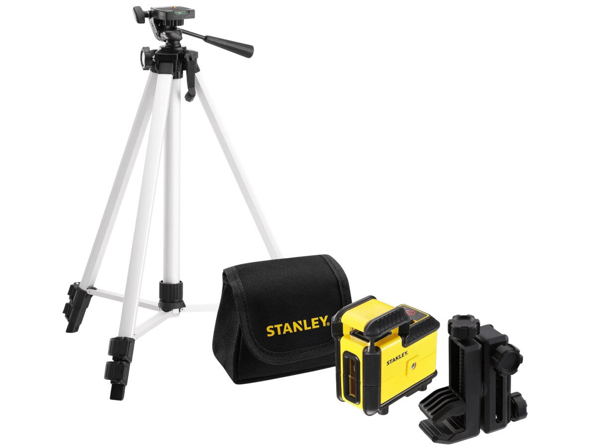 Laser liniowy STANLEY STHT77640-1, gwint, magnetyczny, IP50, blokada, na białym tle pełen zestaw lasera liniowego