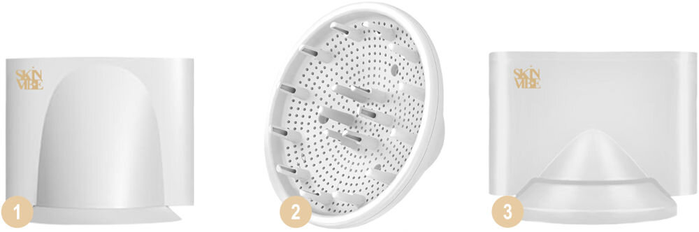 Suszarka SKINVIBE Libra Airloom SV-002WH Biały 1500W białe tło trzy nasadki koncentratory dyfuzor trzy magnetyczne nasadki łatwe mocowanie obracanie dostosowanie przepływu powietrza koncentrator do stylizacji modelowanie pasma po paśmie koncentrator zwiększający objętość uniesione włosy od nasady lekkość objętość dyfuzor podkreślenie skrętu loków i fal funkcjonalność bezpieczna stylizacja