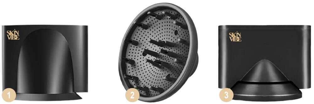 Suszarka SKINVIBE Libra Airloom SV-002BK Czarny 1500W białe tło trzy nasadki koncentratory dyfuzor trzy magnetyczne nasadki łatwe mocowanie obracanie dostosowanie przepływu powietrza koncentrator do stylizacji modelowanie pasma po paśmie koncentrator zwiększający objętość uniesione włosy od nasady lekkość objętość dyfuzor podkreślenie skrętu loków i fal funkcjonalność bezpieczna stylizacja