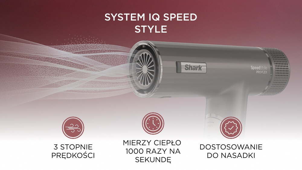Suszarka SHARK HD542EU SpeedStyle Pro Flex Srebrny 1700 W zdjęcie lifestyle Szybkie dopasowanie mocy system IQ Speed Style  4 poziomy temperatury 3 stopnie prędkości powietrza przycisk chłodnego nawiewu czujnik