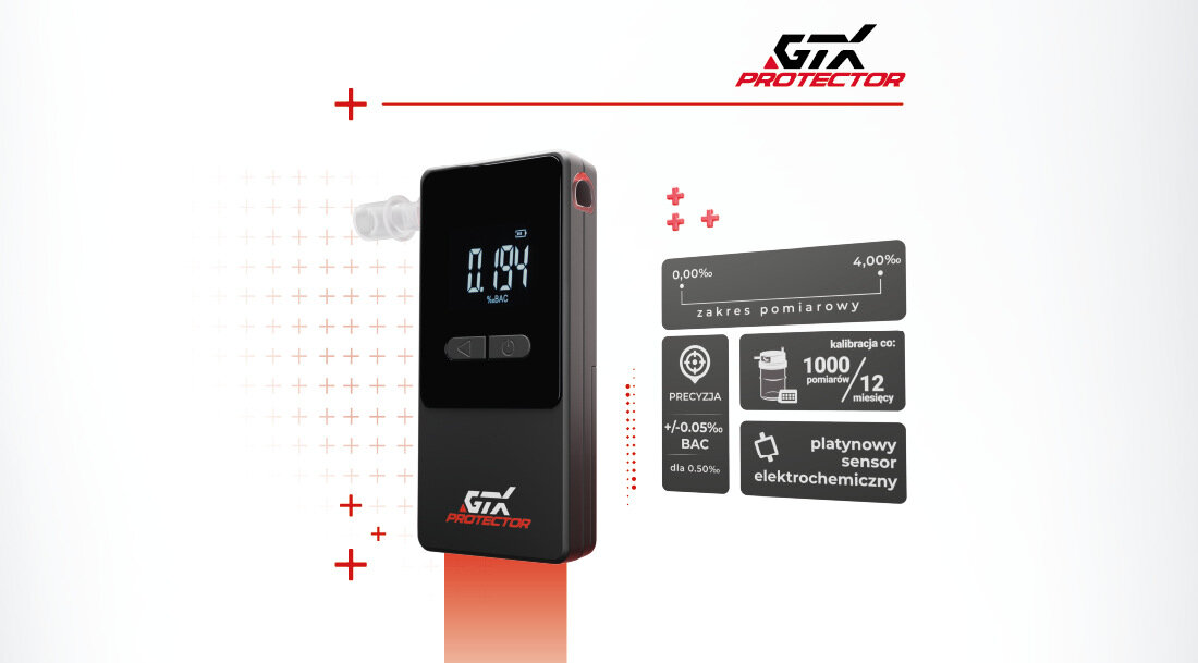 Alkomat GTX Protector Wysoka precyzja dokładność pomiaru stężenie szeroki zakres odczyt wiarygodne wyniki wymiary waga Zasilanie dwiema bateriami AAA odporność na temperatury