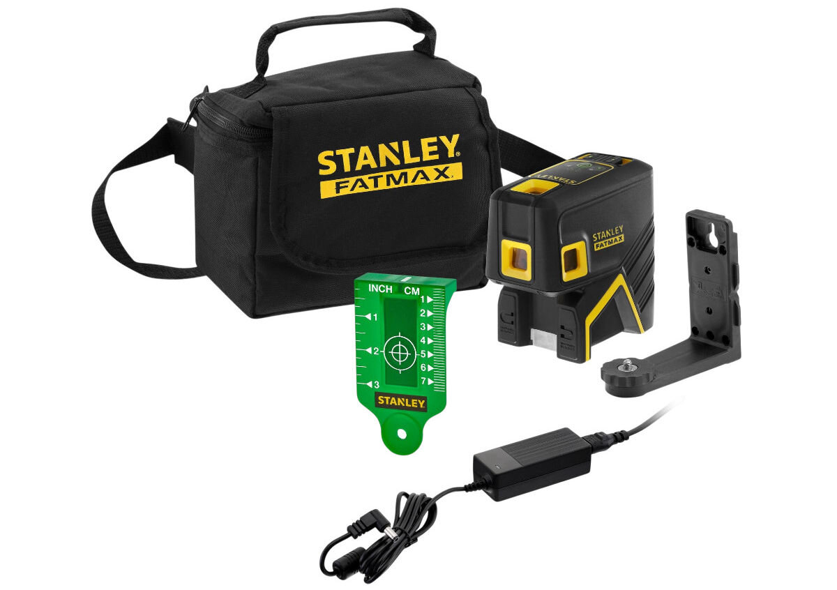Laser krzyżowy STANLEY Fatmax FMHT77596-1, laser, zielony, światło, widoczność, na białym tle pełen zestaw lasera