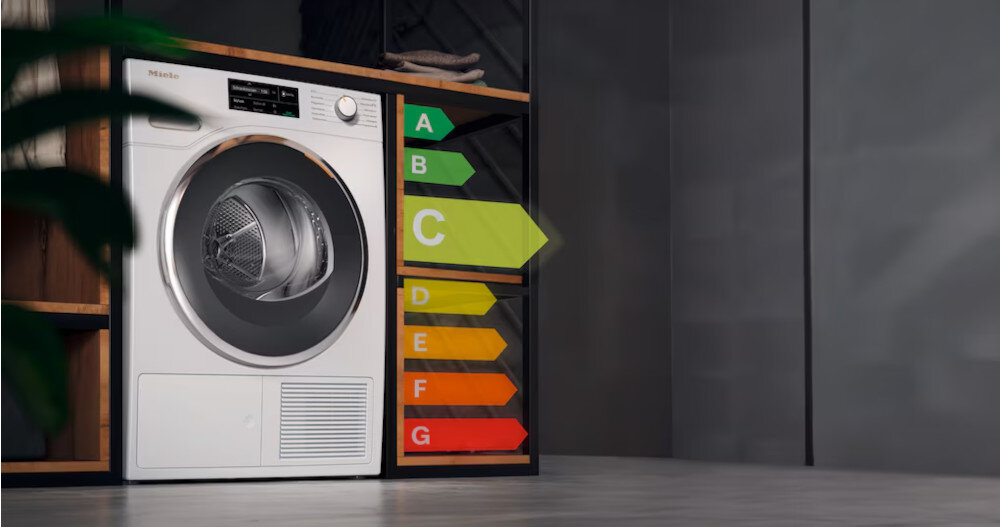 SUSZARKA MIELE TED645 WP wizualizacja paski kolory poziomy klasy energetyczne klasa C Efektywność energetyczna mniejsze zużycie energii oszczędności dla środowiska portfela