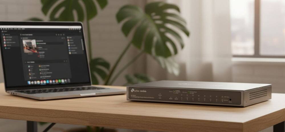 Przełącznik TP-Link Omada z ośmioma portami PoE stoi obok laptopa podczas zarządzania siecią firmową w biurze.