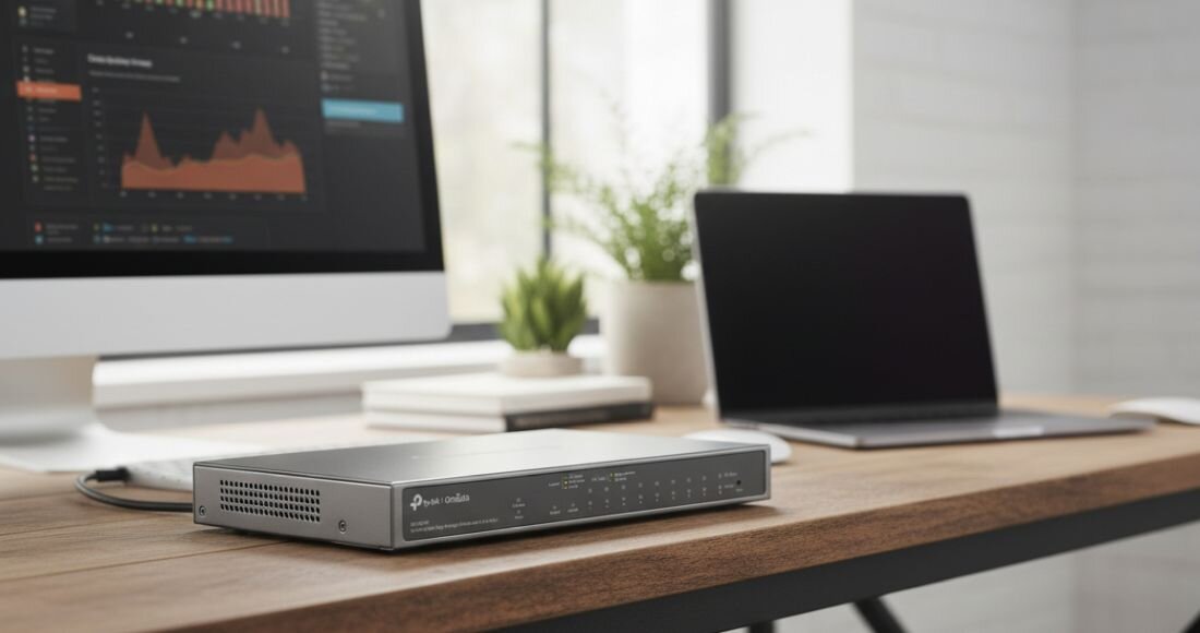 Przełącznik TP-Link Omada Easy Managed Switch pracuje na biurku obok monitora podczas monitorowania infrastruktury sieciowej
