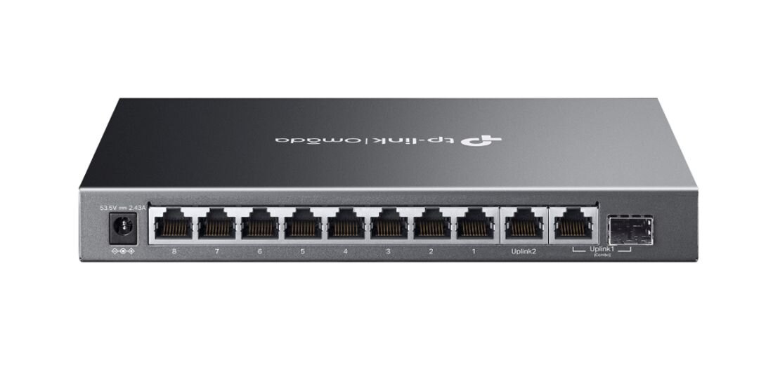 Przełącznik TP-Link Omada ES210GMP z ośmioma portami PoE prezentuje przedni panel wskaźników i złączy na jasnym tle.