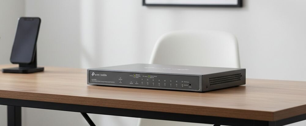 Przełącznik TP-Link Omada ES210GMP stoi na biurku podczas zarządzania siecią firmową w nowoczesnym środowisku biurowym