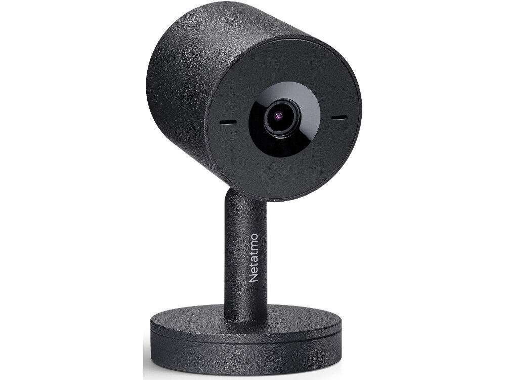 Kamera NETATMO Advance Wewnętrzna, Wi-Fi Czarny kamera na białym tle widoczna od przodu bieżący podgląd na żywo w rozdzielczości 2K 1440 px stałoogniskowy obiektyw szeroki kąt widzenia 130° wyraźne nagrania funkcja HDR dostosowana ekspozycja do zmiennych warunków oświetleniowych aplikacja mobilna Home + Security