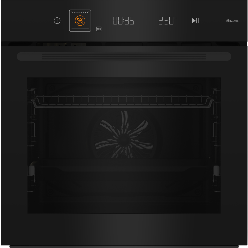 Front czarnego piekarnika Beko z widocznym panelem sterowania, rączką i wnętrzem z rusztem.