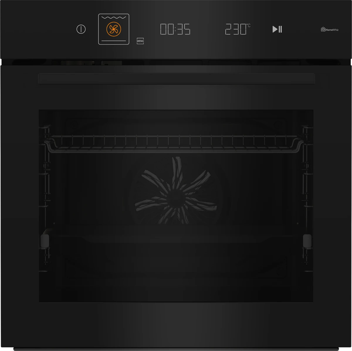 Czarny piekarnik elektryczny z wyświetlaczem pokazującym czas 00:35 i temperaturę 230°C. Na panelu widoczne są ikony funkcji oraz logo HomeWhiz.