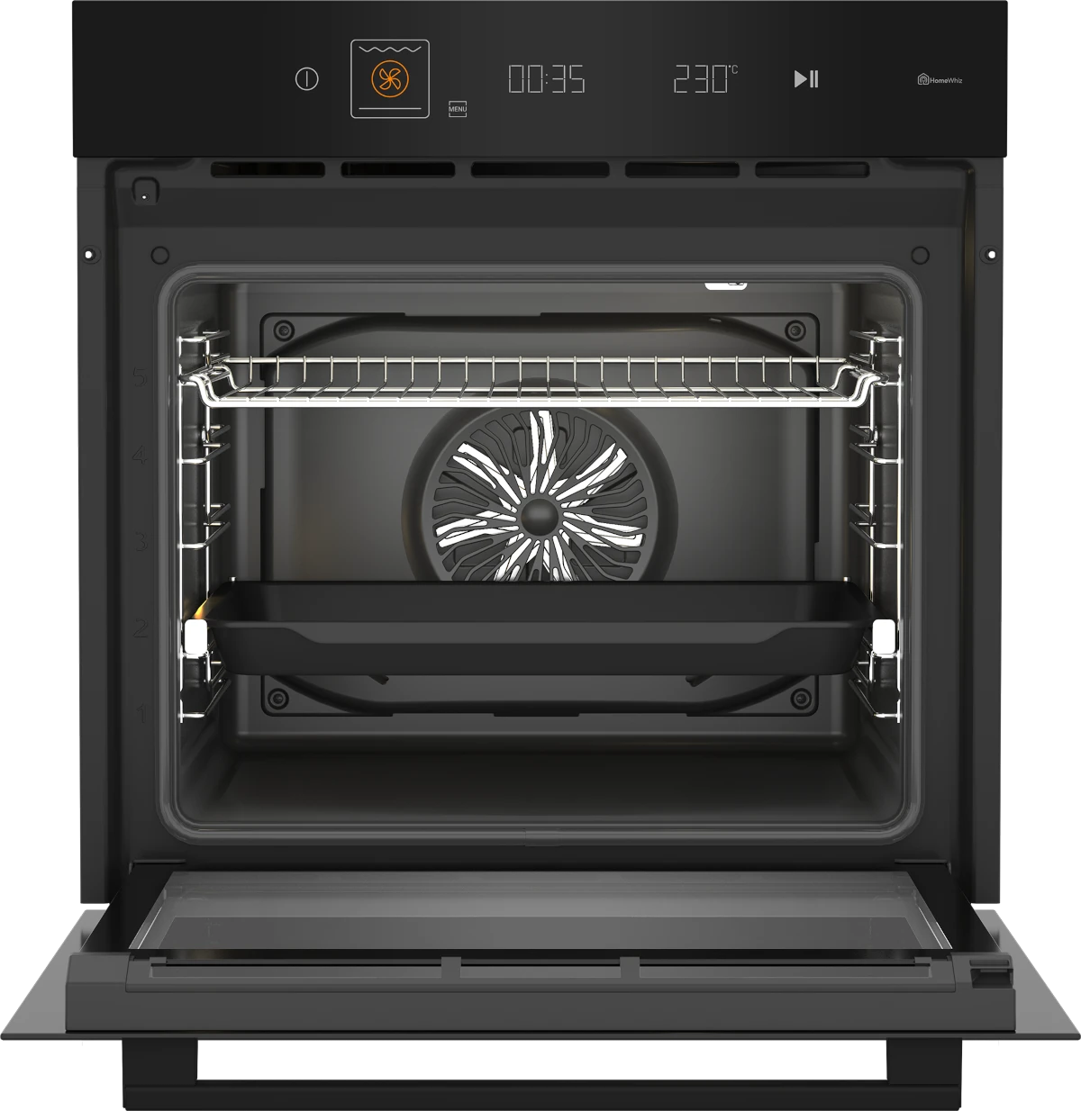 Otwarty piekarnik elektryczny z widocznym wnętrzem, wyposażony w wentylator i półkę. Na panelu sterowania wyświetlacz pokazuje czas 00:35 i temperaturę 230°C.