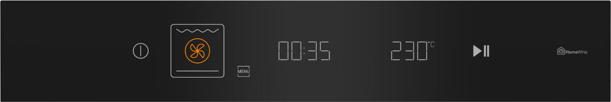 Elektroniczny panel sterowania piekarnika Beko z wyświetlaczem temperatury 230 stopni, czasem pieczenia i ikoną funkcji HomeWhiz.