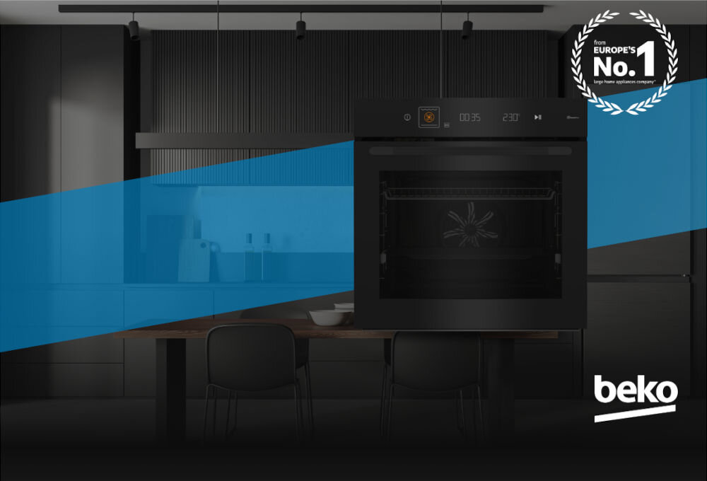 Nowoczesny czarny piekarnik do zabudowy Beko w ciemnej kuchni z wyspą i napisem Europe's No. 1.