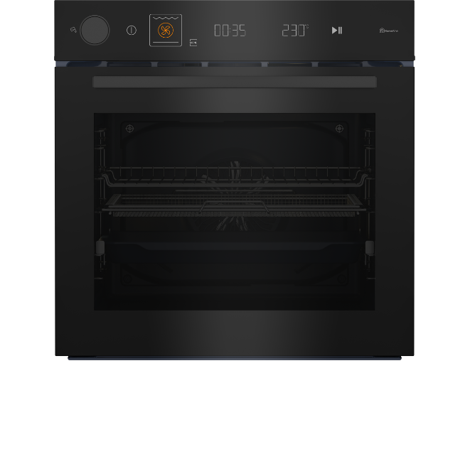 Widok z przodu nowoczesnego piekarnika do zabudowy Beko w kolorze czarnym z włączonym wyświetlaczem LED i podświetlonymi ikonami funkcji.