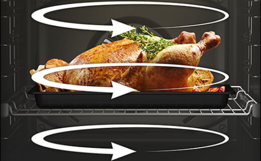Wizualizacja technologii pieczenia 3D w piekarniku Beko na przykładzie całego pieczonego kurczaka z grafiką cyrkulacji powietrza.