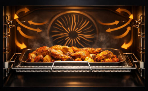 Pieczone udka kurczaka z ziemniakami w piekarniku z aktywnym termoobiegiem i równomiernym przepływem powietrza.