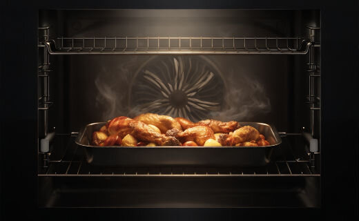 Pieczone udka kurczaka z ziemniakami w brytfannie wewnątrz piekarnika Beko z włączonym termoobiegiem i widoczną parą wodną.