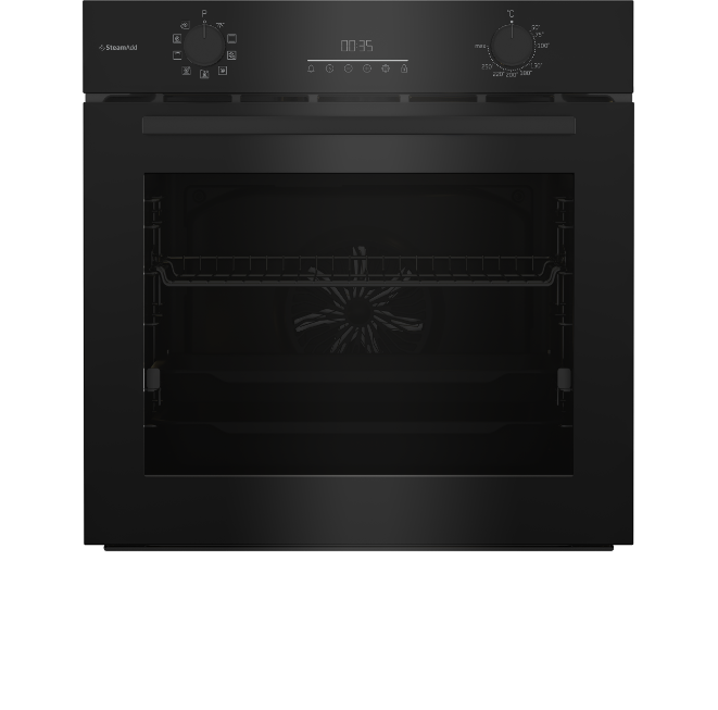 Front czarnego piekarnika Beko z widocznym panelem sterowania, rączką i wnętrzem z rusztem.