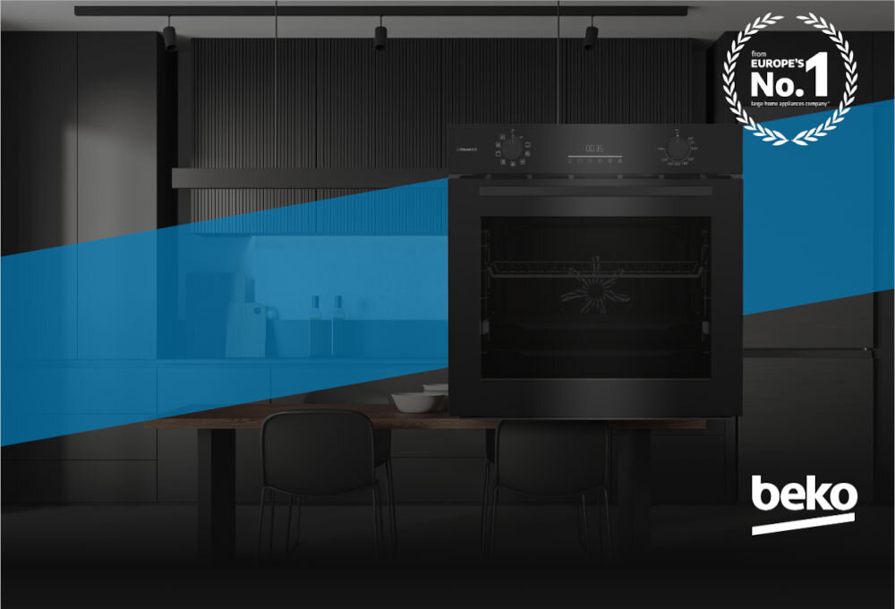 Nowoczesny czarny piekarnik do zabudowy Beko w ciemnej kuchni z wyspą i napisem Europe's No. 1.