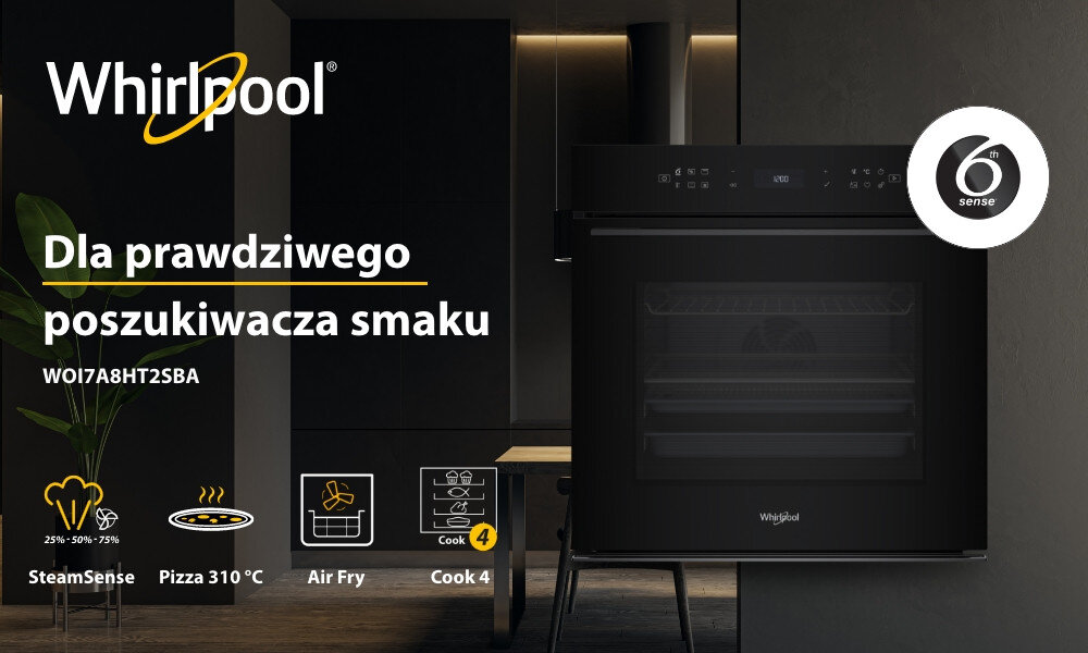 PIEKARNIK WHIRLPOOL WOI7A8HT2SBA lifestyle baner top logo marka front zamknięty ikony infografika