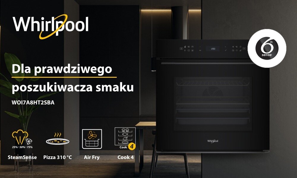 PIEKARNIK WHIRLPOOL WOI7A8HT2SBA lifestyle baner top logo marka front zamknięty ikony infografika