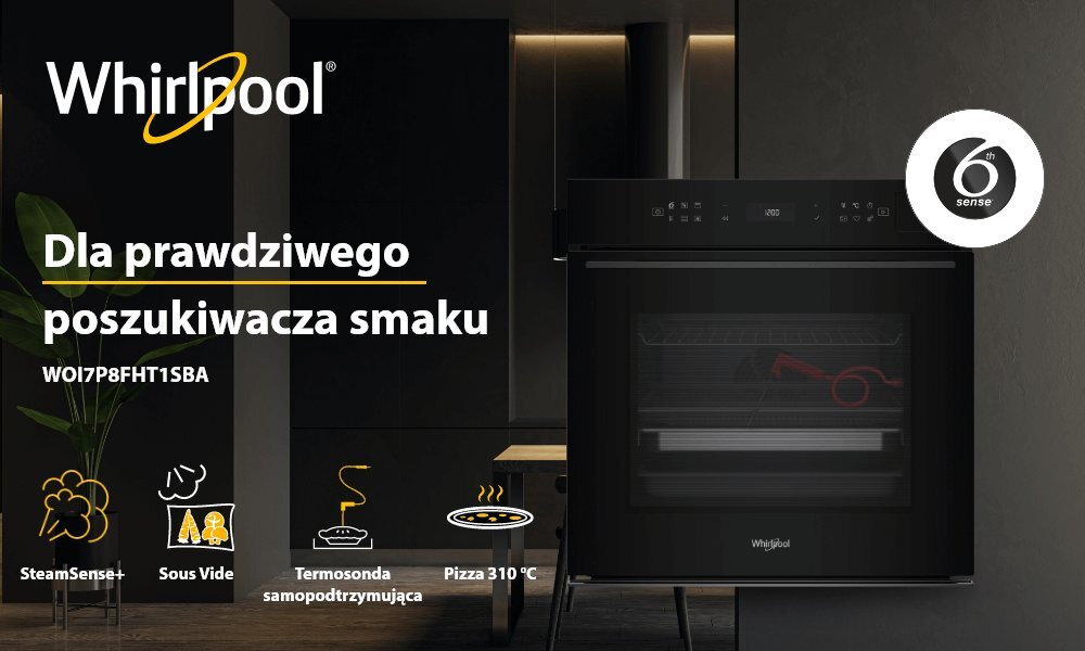 Piekarnik WHIRLPOOL WOI7P8FHT1SBA baner front logo infografika piekarnik zamknięty panel kuchnia zabudowa